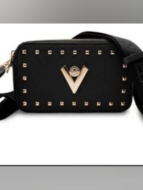 NEW! Valentino Orlandi Black Studded Crossbody Bag with Gold V Emblem